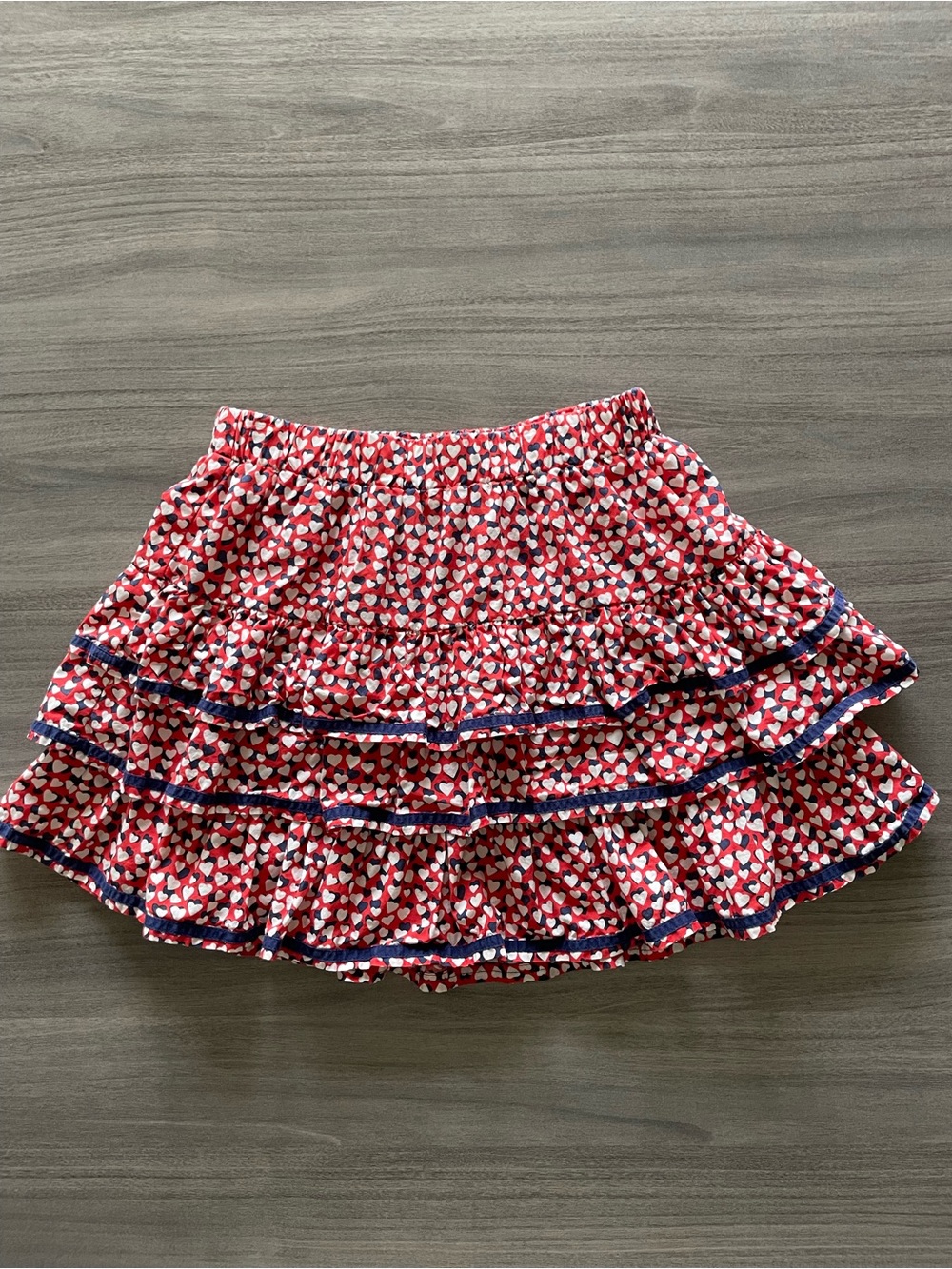 Crewcuts Heart Print Tiered Ruffle Skirt Girls Size L Red Blue Cotton Lined EUC